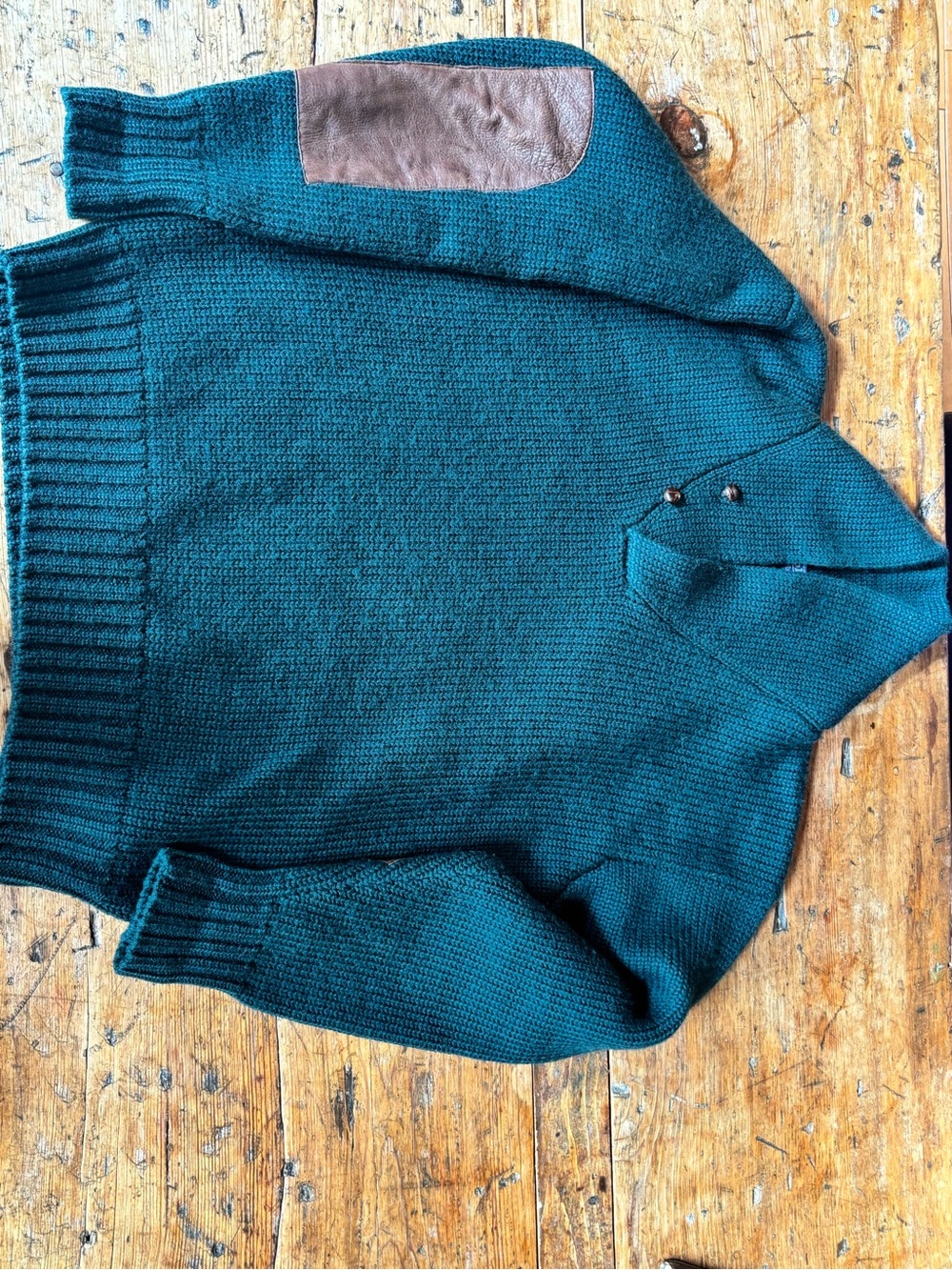 Ralph Lauren 100% Wool Forest Green Shawl Collar Knit Sweater - Leather Trimming